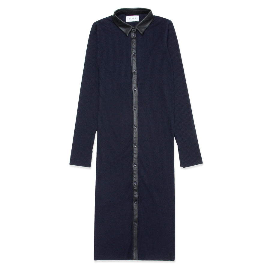 RIBBED-KNIT SHIRT DRESS / NAVY